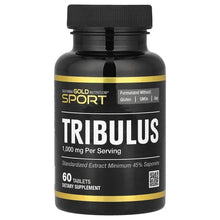 Tribulus supplement bottle, black with yellow label and Sport branding