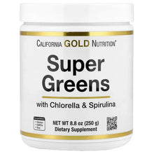 California Gold Nutrition Super Greens supplement bottle, white with gold band