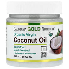Jar of cold-pressed organic virgin coconut oil, 16 fl oz, white lid with green label accents.
