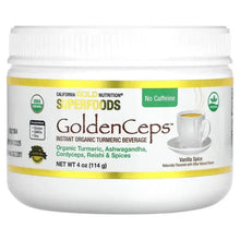 GoldenCeps instant organic beverage powder jar, 4 oz, white container with label