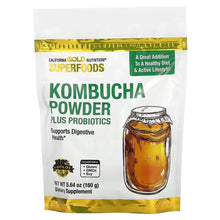 Kombucha powder supplement pouch with probiotics, front label and gold-trim accents