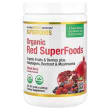 Organic red superfoods supplement jar with white lid and mixed berry label