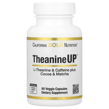 TheanineUP supplement bottle with gold trim, white cap, 60 veggie capsules label