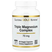 Triple Magnesium Complex supplement bottle, front label with 70 mg and 90 veggie capsules