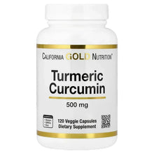 Turmeric Curcumin supplement bottle, 500 mg, 120 veggie capsules