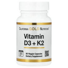 Vitamin D3 + K2 supplement bottle with white cap and label, 60 veggie capsules