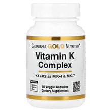 Vitamin K Complex supplement bottle with 60 veggie capsules, California Gold Nutrition