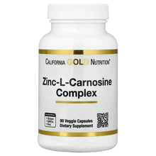 Zinc-L-Carnosine Complex supplement bottle, front label, white cap, gold trim.