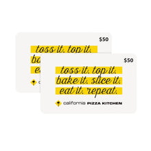 California Pizza Kitchen $50 eGift cards with yellow script design