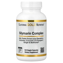 White supplement bottle labeled Silymarin Complex with gold trim and 120 veggie capsules