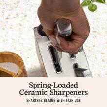 Ceramic knife sharpener tool with handle and labeled sharpens blades for each use