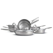 Triply stainless steel cookware set with lids and handles, assorted pot and pan pieces