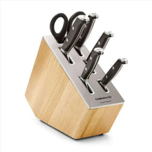 Knife set block with five dark-handled stainless blades on a wooden holder