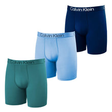 Men's boxer brief set of three in navy, light blue, and teal with Calvin Klein logo