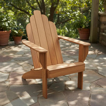 Teak Adirondack chair front view with slatted backrest, armrests, and angled seat