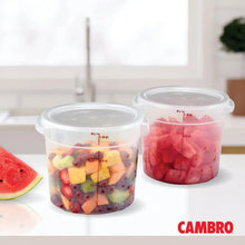Two round translucent storage containers with white lids, see-through sides