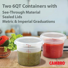 Two round translucent containers with white sealed lids, molded measurement graduations
