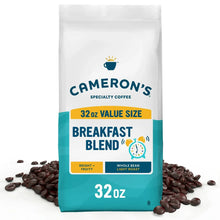 Cameron’s Breakfast Blend light roast whole bean coffee bag with coffee beans