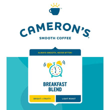 Cameron's Breakfast Blend label graphic, light roast with bright and fruity notes