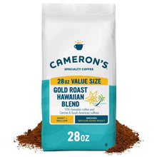 28 oz ground coffee bag with blue and teal label for Gold Roast Hawaiian Blend