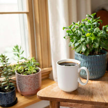 Brewed coffee in a white mug on a wooden table with potted plants