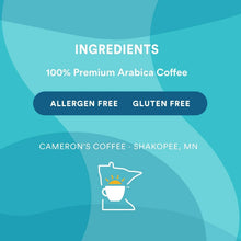 Ingredients panel: 100% premium arabica coffee, allergen free and gluten free.