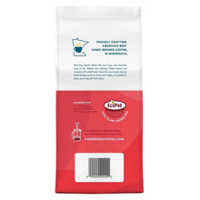 Ground coffee bag back label with EcoPod, barcode, and storage instructions