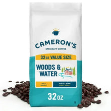 Whole bean coffee bag labeled Woods & Water with 32 oz size
