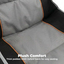 Padded chair seat cushion with gray fabric and orange piping, textured upholstery detail