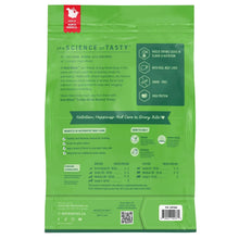 Freeze-dried beef liver pet treat pouch back, green panel with feeding instructions