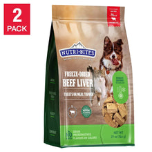 Freeze-dried beef liver pet treat pouch, green and tan packaging with dog and cat