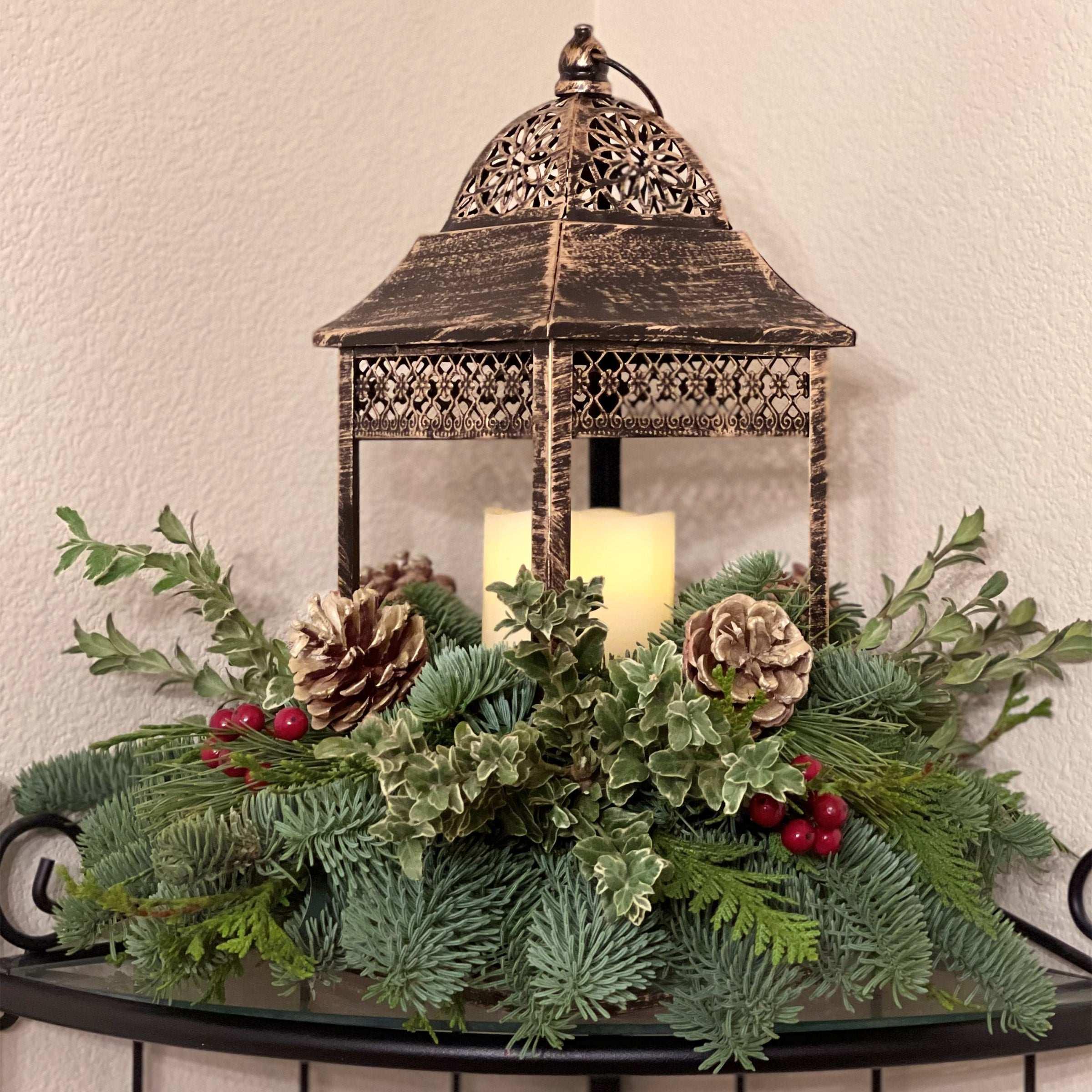 Candle Lantern Centerpiece with Fresh Greens - USA MEGA SHOP