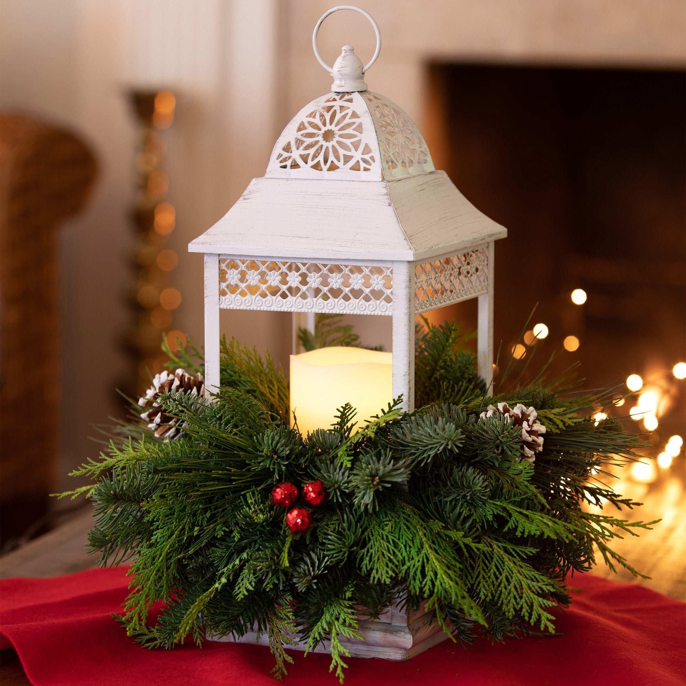 Candle Lantern Centerpiece with Fresh Greens - USA MEGA SHOP