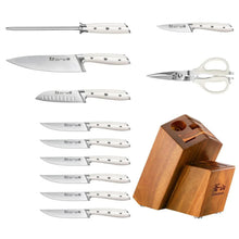 Knife set with multiple stainless knives with light handles and wooden storage block