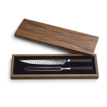 Wooden carving set box with lid; slicing knife and carving fork, dark handles