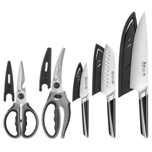 Cangshan Max 5-piece knives and shears arranged on a white background