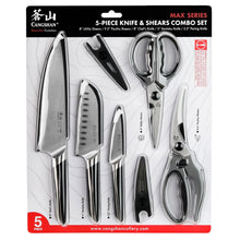 Cangshan Max 5-piece knife and shears set in retail package with scissors