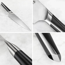 Stainless knife blade and handle details with ribbed grip and curved bolster