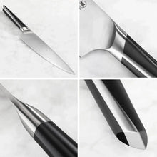 Knife blade and handle detail views from the 5-piece set, silver and dark accents