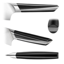 Stainless knife blades with dark handle accents, showing three blade views