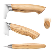 Stainless steel kitchen knife with light wooden handle, side and edge views