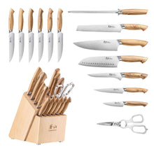 15-piece stainless steel knives with wooden handles and shears, in wooden block