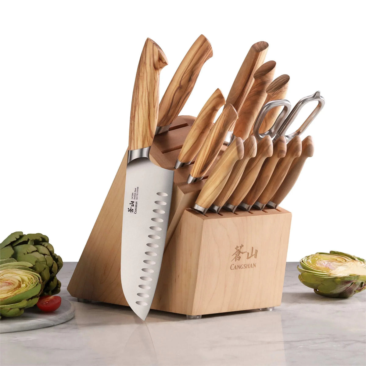 Cangshan OLIV Series Swedish Steel 15-Piece Knife Block Set, Maple Block - USA MEGA SHOP