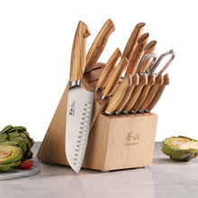 Maple wood knife block set with stainless steel knives, 15-piece collection