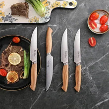 4 steak knives with light wood handles and stainless steel blades