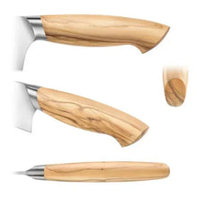Stainless steel steak knife with light wood handle