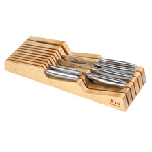 Stainless steel knife set in wooden in-drawer block with multiple blades and handles