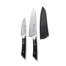 Knife set with two paring and prep knives; black handles and blade covers