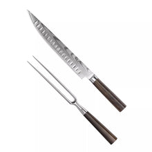Carving knife and fork with stainless blades and dark wooden handles