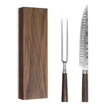 Wooden sleeve with carving knife and fork; stainless blades and dark handles